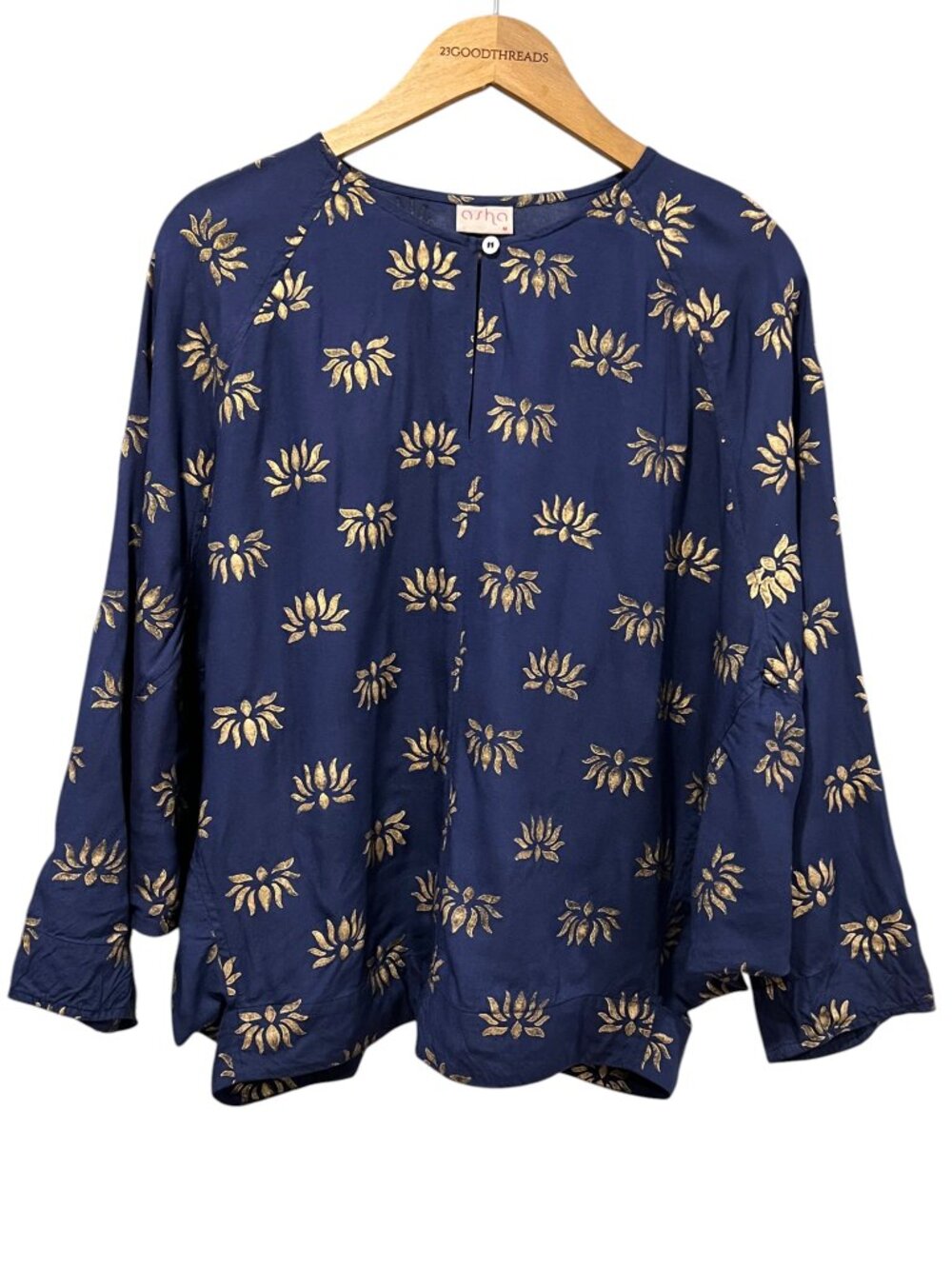 Asha Lotus Foil Print Blouse, Navy Gold, M